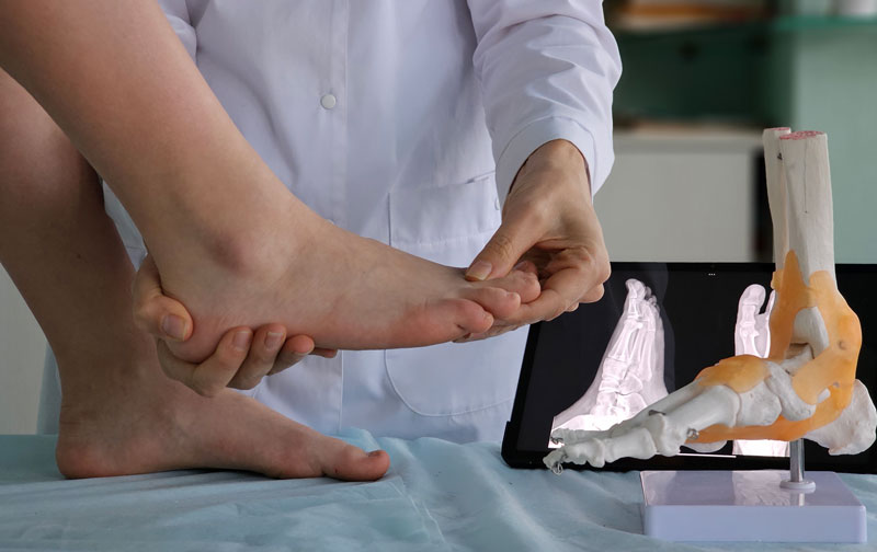 Foot examination by a medical professional with a 3D model of the ankle